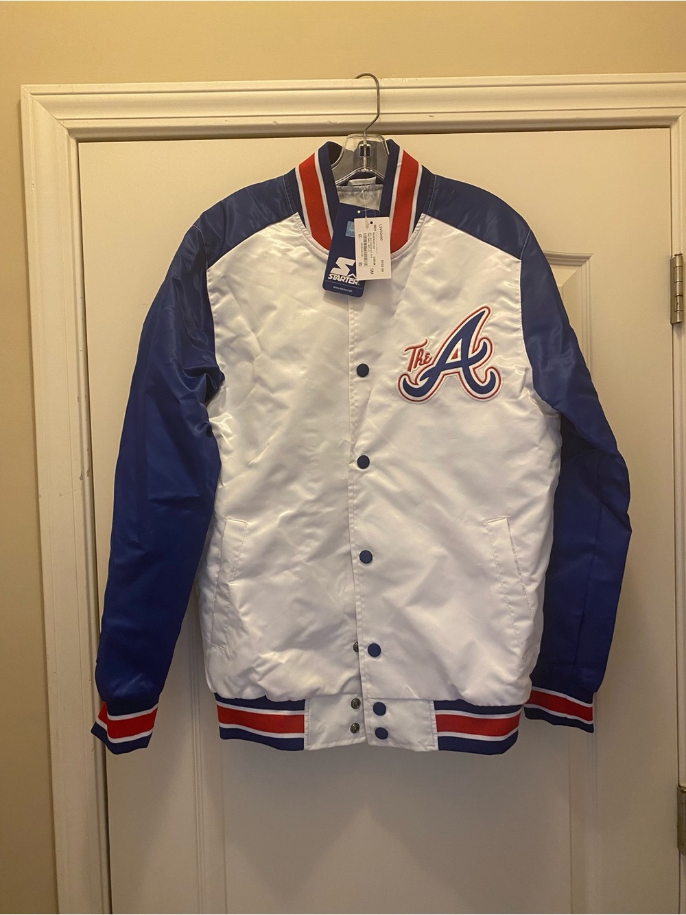 STARTER White and Royal Blue Satin Varsity Jacket with Red Trim